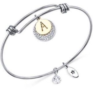 Unwritten Pave and Disc Bangle Bracelet "A" Amazing Stainless Steel New